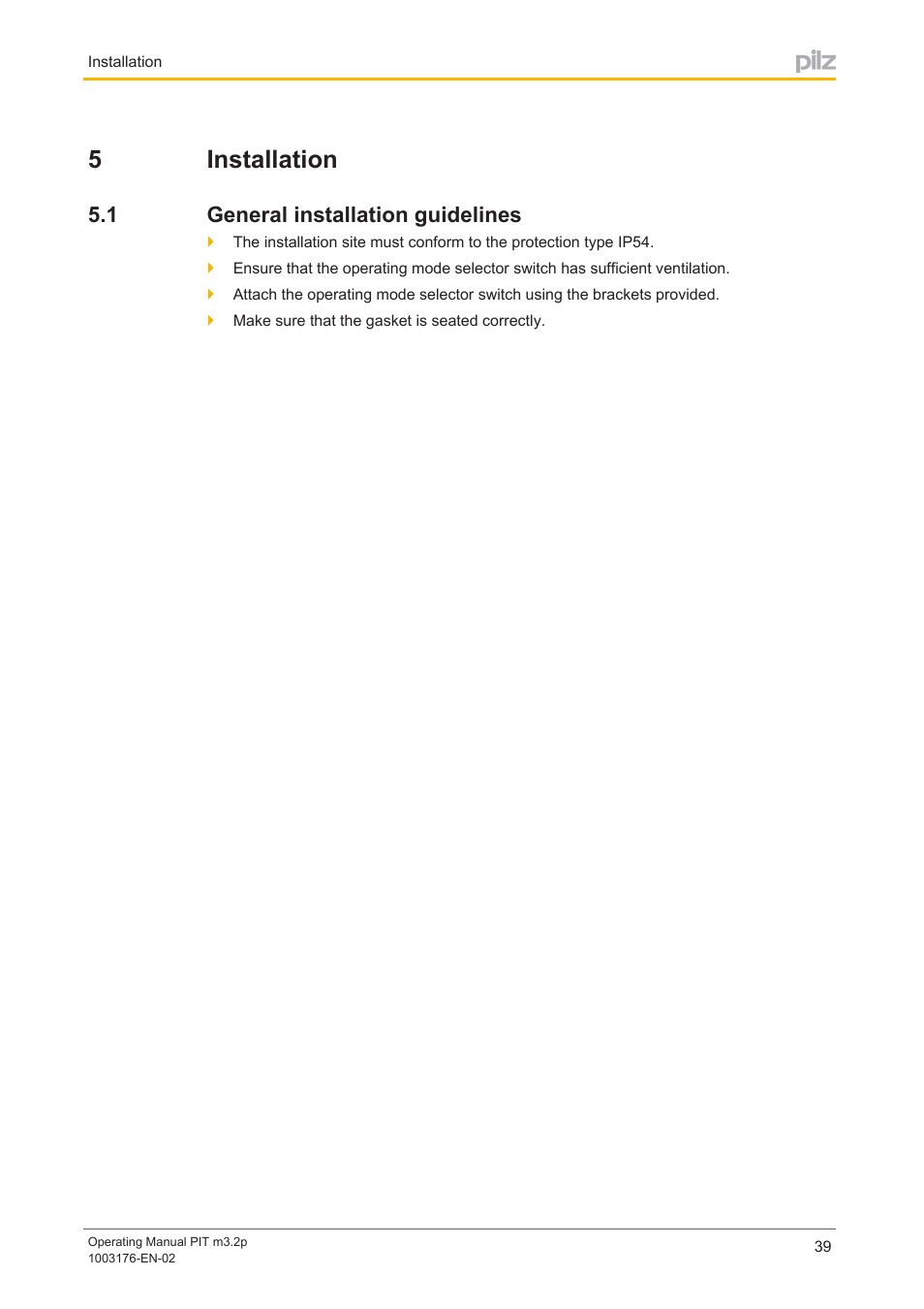 5 installation, 1 general installation guidelines, Section 5 | Installation, General installation guidelines, 5installation | Pilz PIT m3.2p machine tools pictogram User Manual | Page 39 / 58