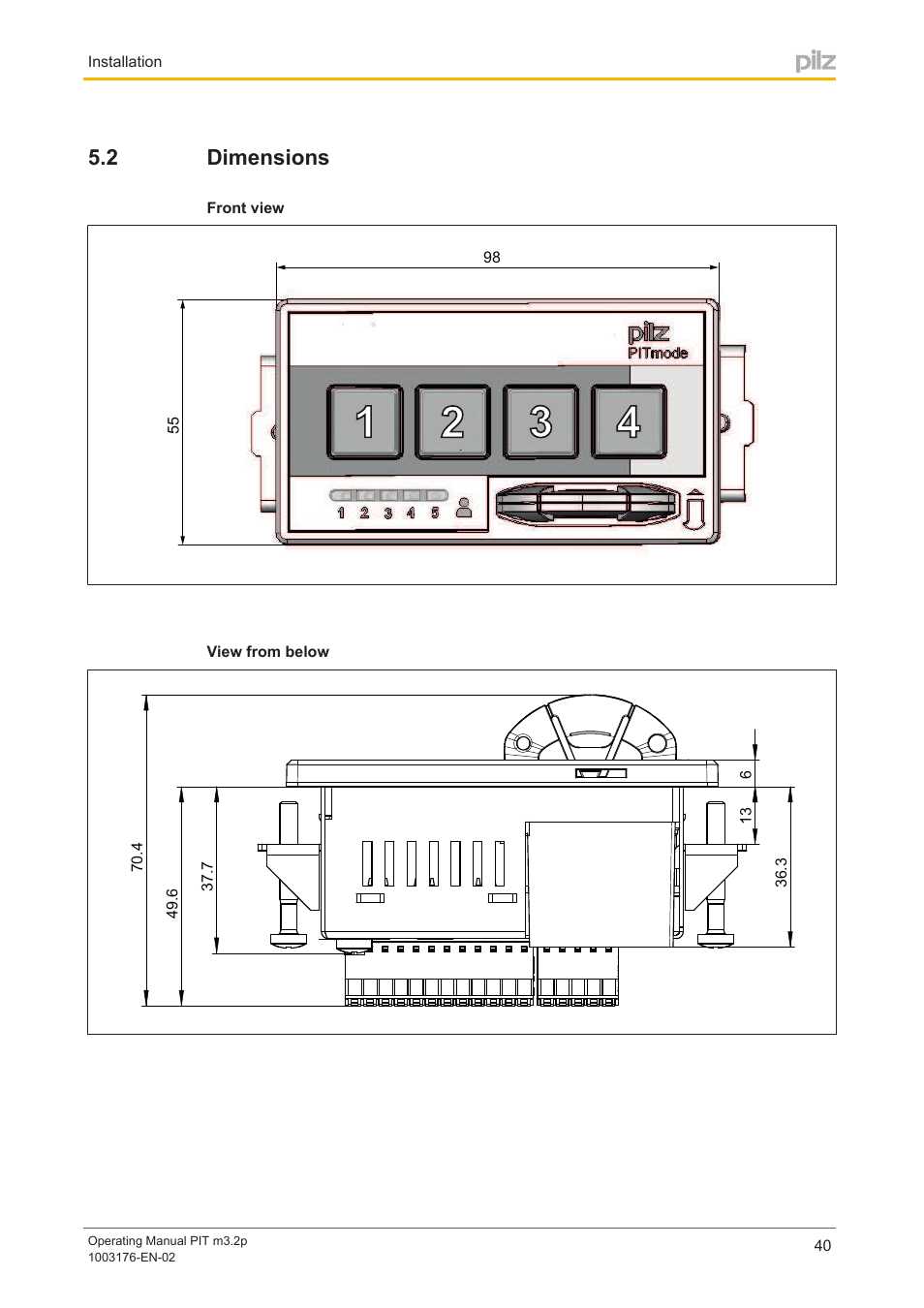 2 dimensions, Dimensions | Pilz PIT m3.2p machine tools pictogram User Manual | Page 40 / 58