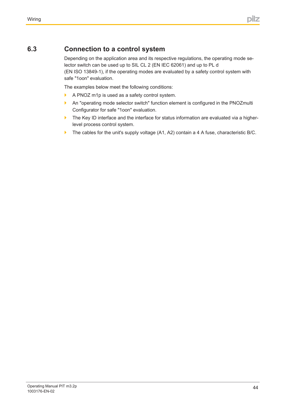 3 connection to a control system, Connection to a control system | Pilz PIT m3.2p machine tools pictogram User Manual | Page 44 / 58