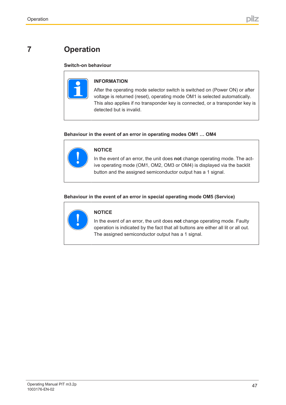 7 operation, Section 7, Operation | 7operation | Pilz PIT m3.2p machine tools pictogram User Manual | Page 47 / 58