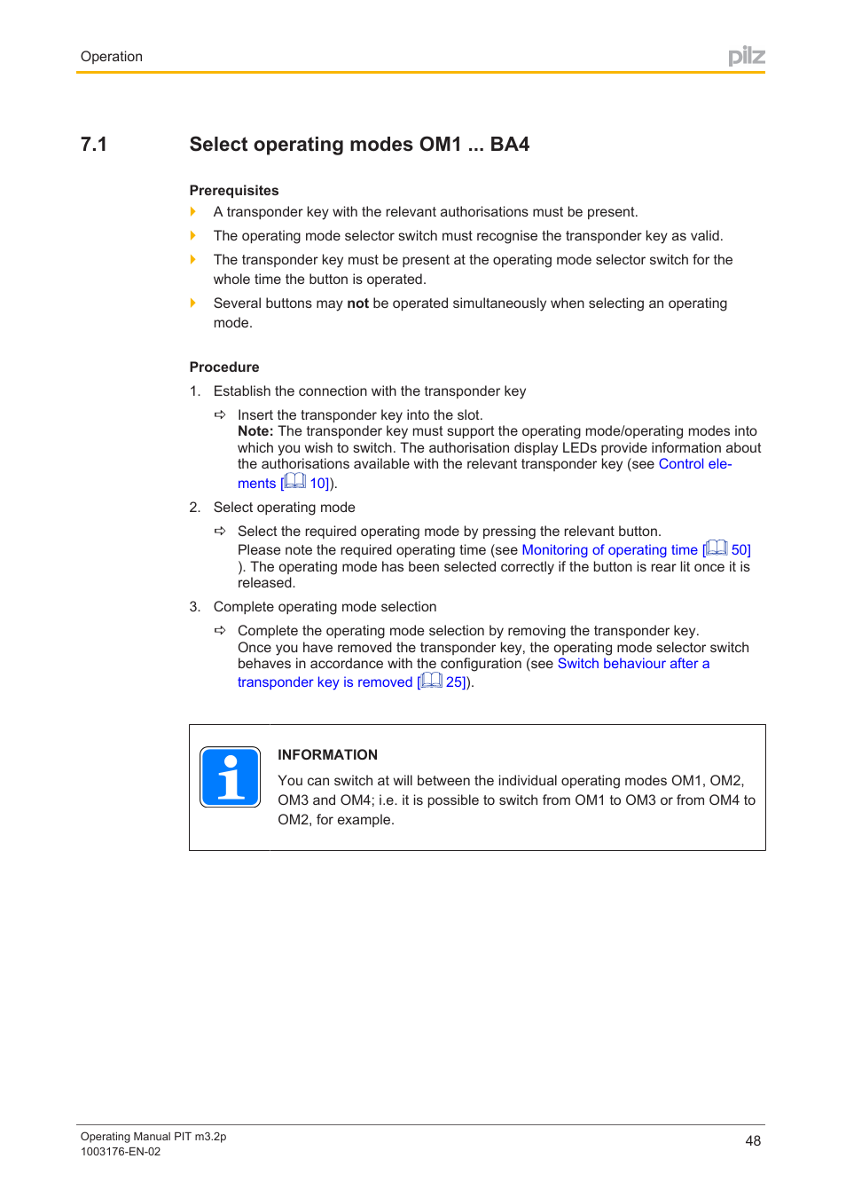 1 select operating modes om1 ... ba4, Select operating modes om1 ... ba4 | Pilz PIT m3.2p machine tools pictogram User Manual | Page 48 / 58