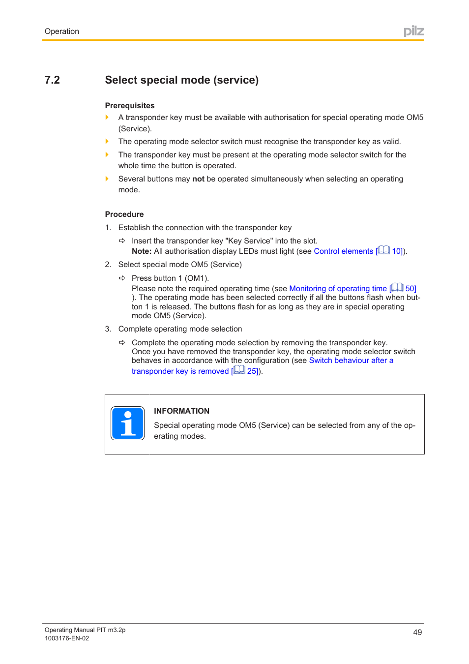 2 select special mode (service), Select special mode (service) | Pilz PIT m3.2p machine tools pictogram User Manual | Page 49 / 58
