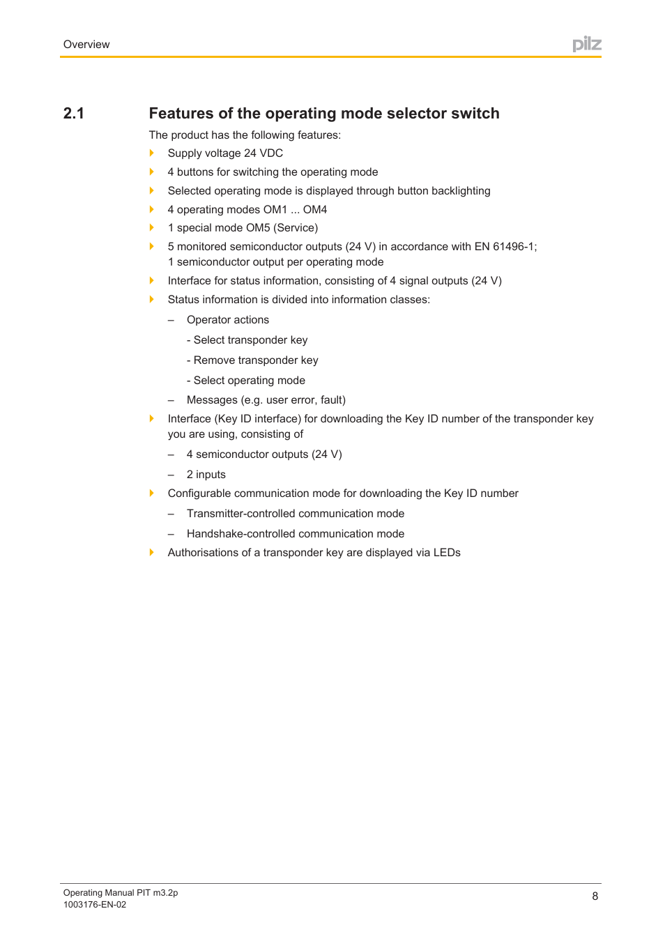 1 features of the operating mode selector switch, Features of the operating mode selector switch | Pilz PIT m3.2p machine tools pictogram User Manual | Page 8 / 58