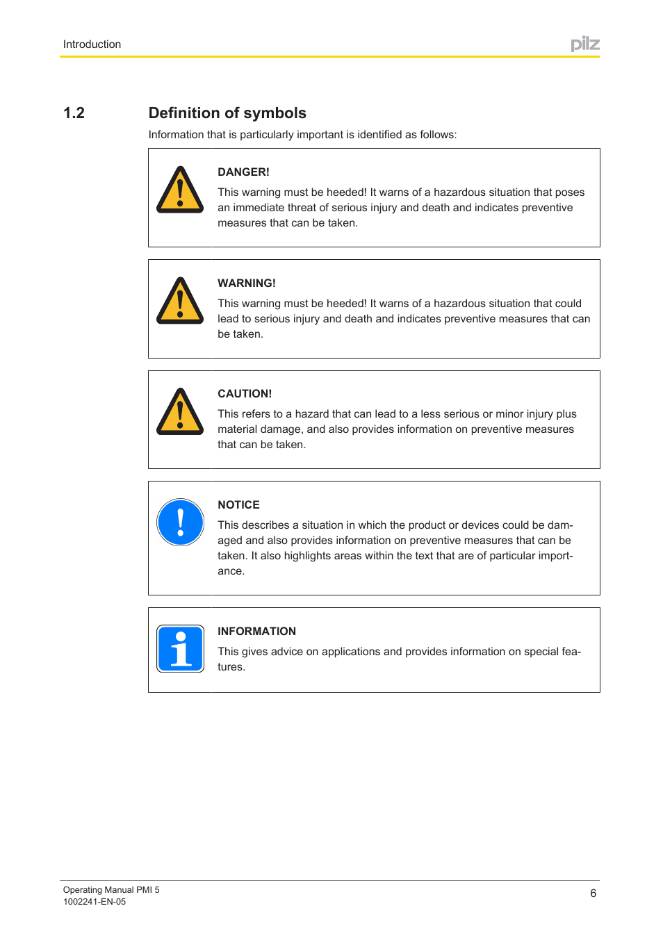2 definition of symbols, Definition of symbols | Pilz PMI 509 User Manual | Page 6 / 52