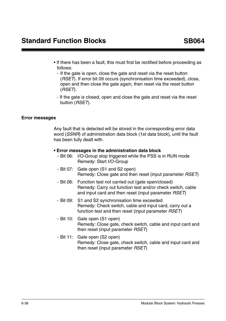 Error messages, Standard function blocks, Sb064 | Pilz PSS SB HYD, Basic license User Manual | Page 100 / 308