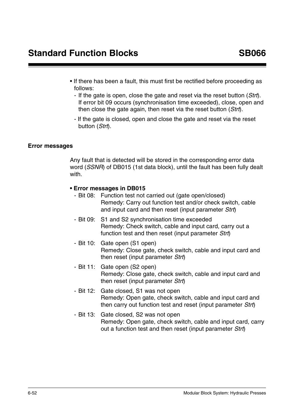 Error messages, Standard function blocks sb066 | Pilz PSS SB HYD, Basic license User Manual | Page 114 / 308