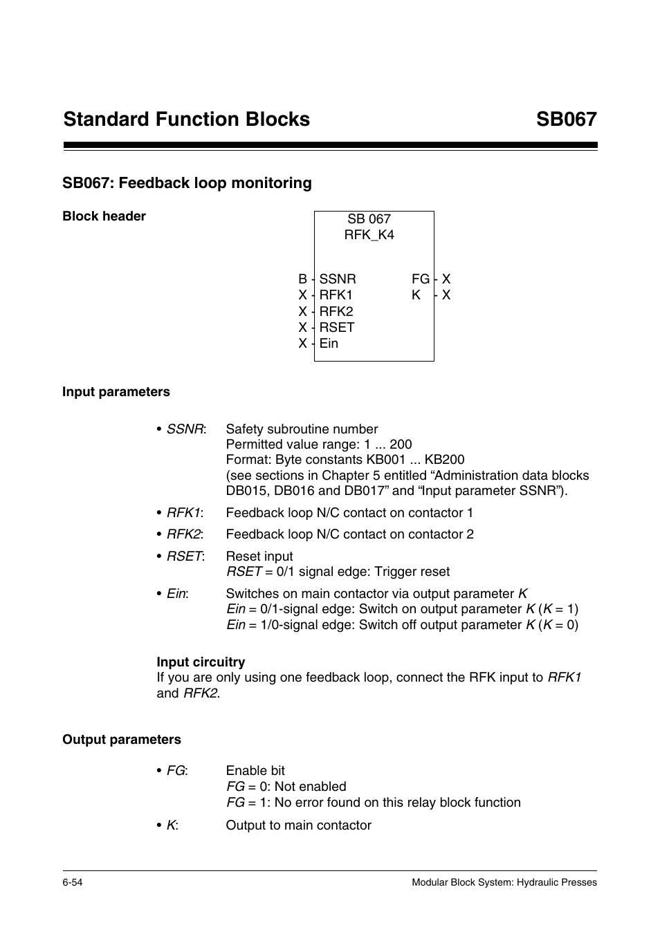 Sb067: feedback loop monitoring, Block header, Input parameters | Output parameters, Standard function blocks sb067 | Pilz PSS SB HYD, Basic license User Manual | Page 116 / 308