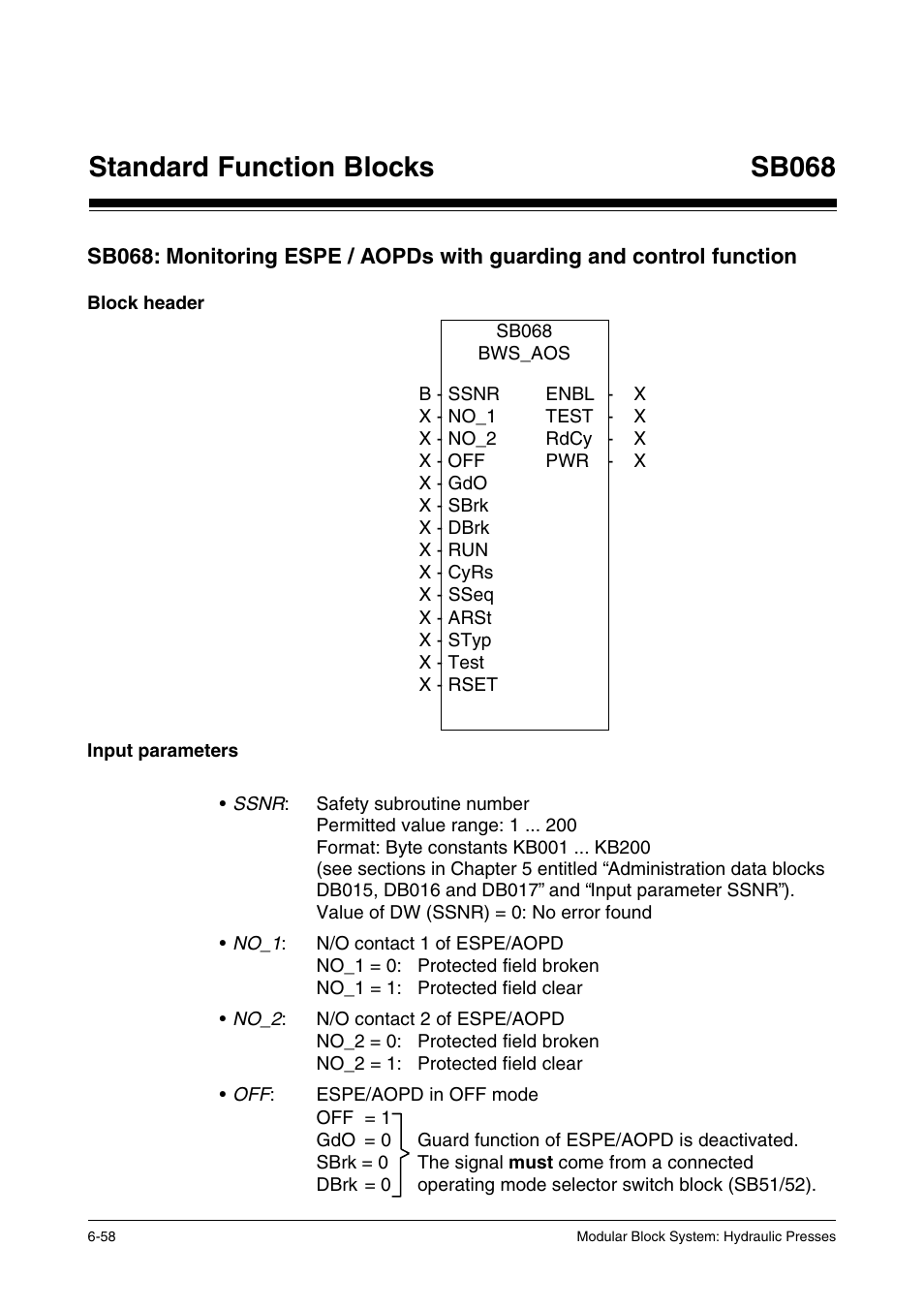 Block header, Input parameters, Standard function blocks | Sb068 | Pilz PSS SB HYD, Basic license User Manual | Page 120 / 308