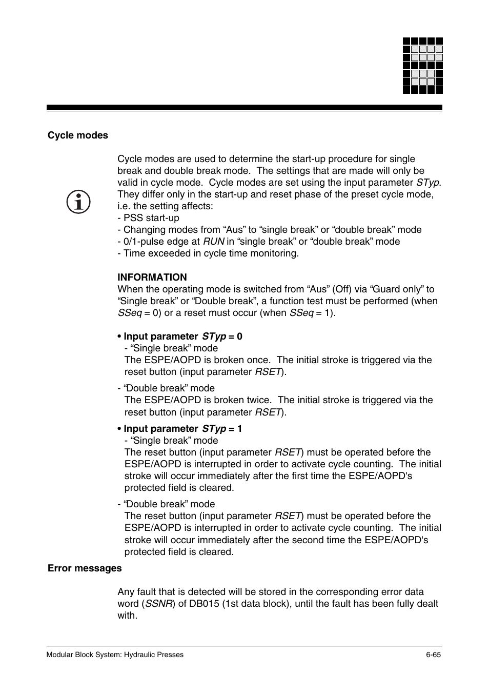 Cycle modes, Error messages | Pilz PSS SB HYD, Basic license User Manual | Page 127 / 308
