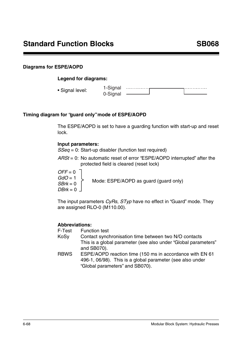Diagrams for espe/aopd, Timing diagram for "guard only" mode of espe/aopd, Standard function blocks | Sb068 | Pilz PSS SB HYD, Basic license User Manual | Page 130 / 308
