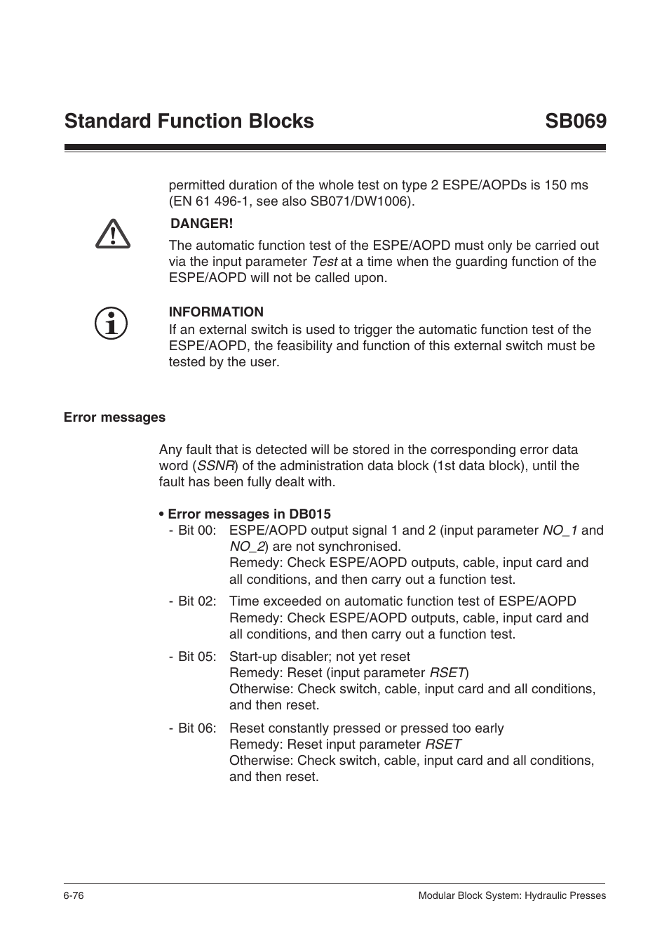 Error messages, Standard function blocks sb069 | Pilz PSS SB HYD, Basic license User Manual | Page 138 / 308