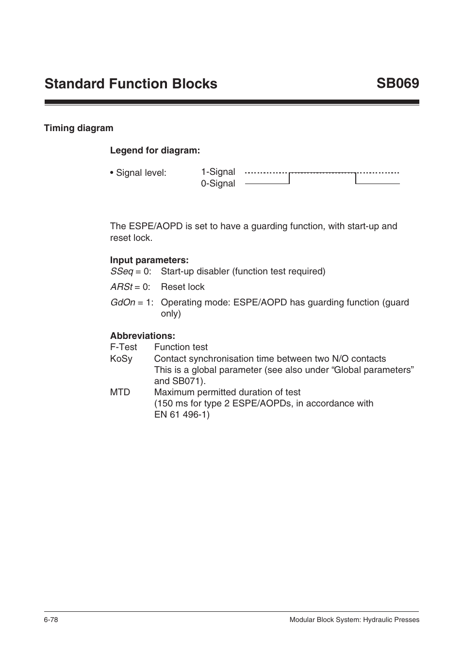 Timing diagram, Standard function blocks, Sb069 | Pilz PSS SB HYD, Basic license User Manual | Page 140 / 308