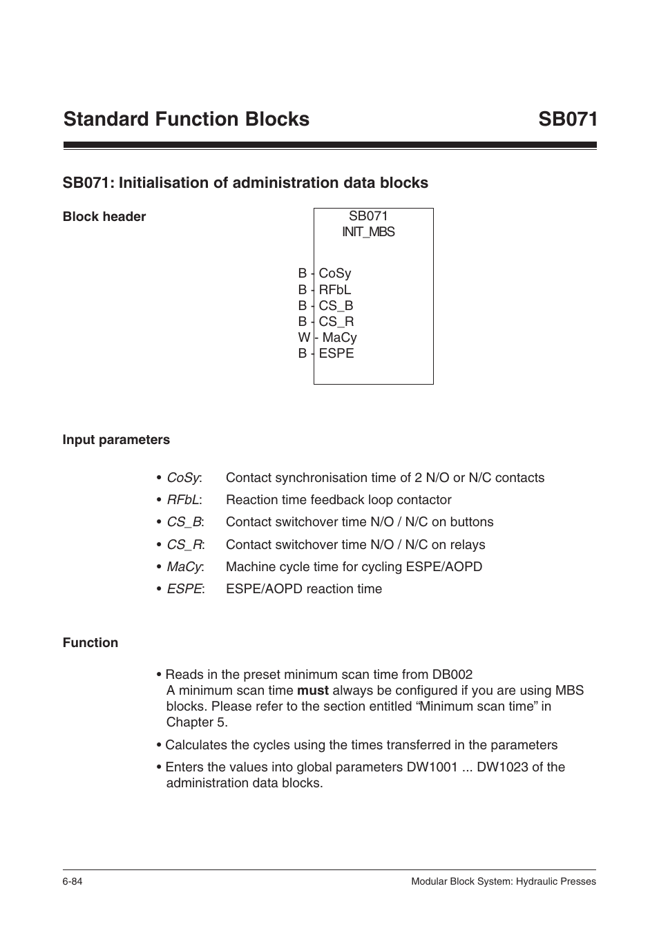 Block header, Input parameters, Function | Standard function blocks sb071 | Pilz PSS SB HYD, Basic license User Manual | Page 146 / 308