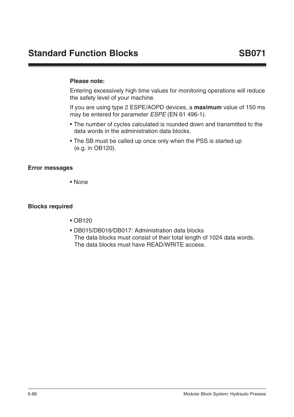 Error messages, Blocks required, Standard function blocks sb071 | Pilz PSS SB HYD, Basic license User Manual | Page 148 / 308
