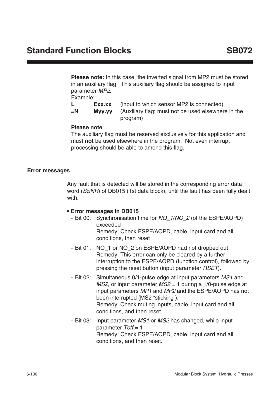 Error messages, Standard function blocks sb072 | Pilz PSS SB HYD, Basic license User Manual | Page 162 / 308