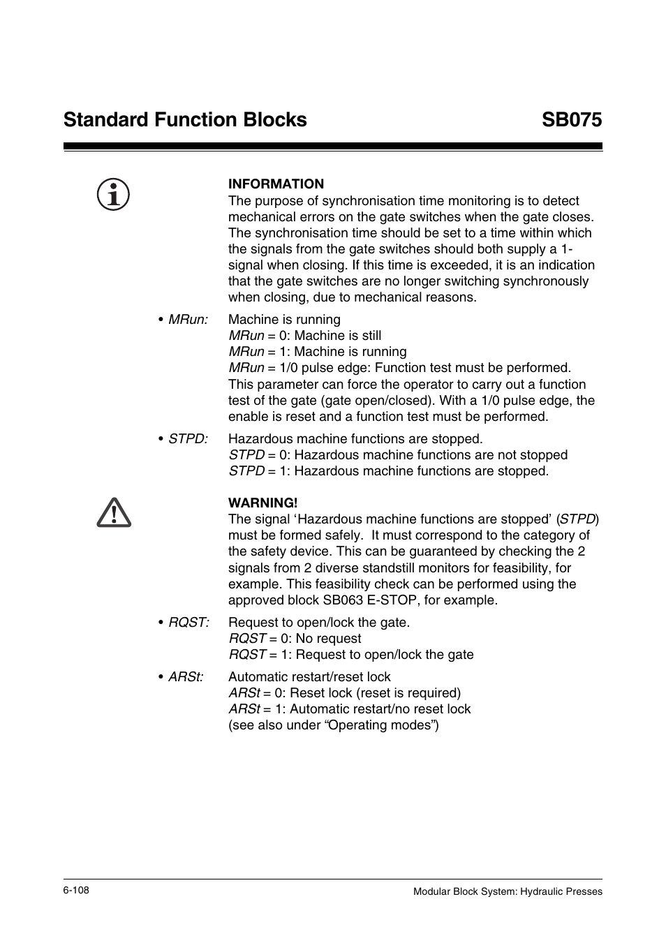 Standard function blocks, Sb075 | Pilz PSS SB HYD, Basic license User Manual | Page 170 / 308