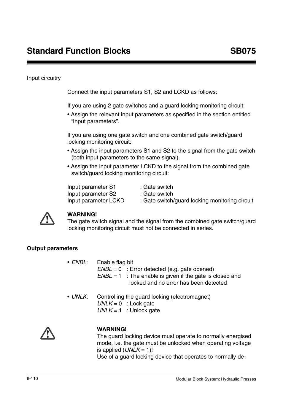 Output parameters, Standard function blocks, Sb075 | Pilz PSS SB HYD, Basic license User Manual | Page 172 / 308