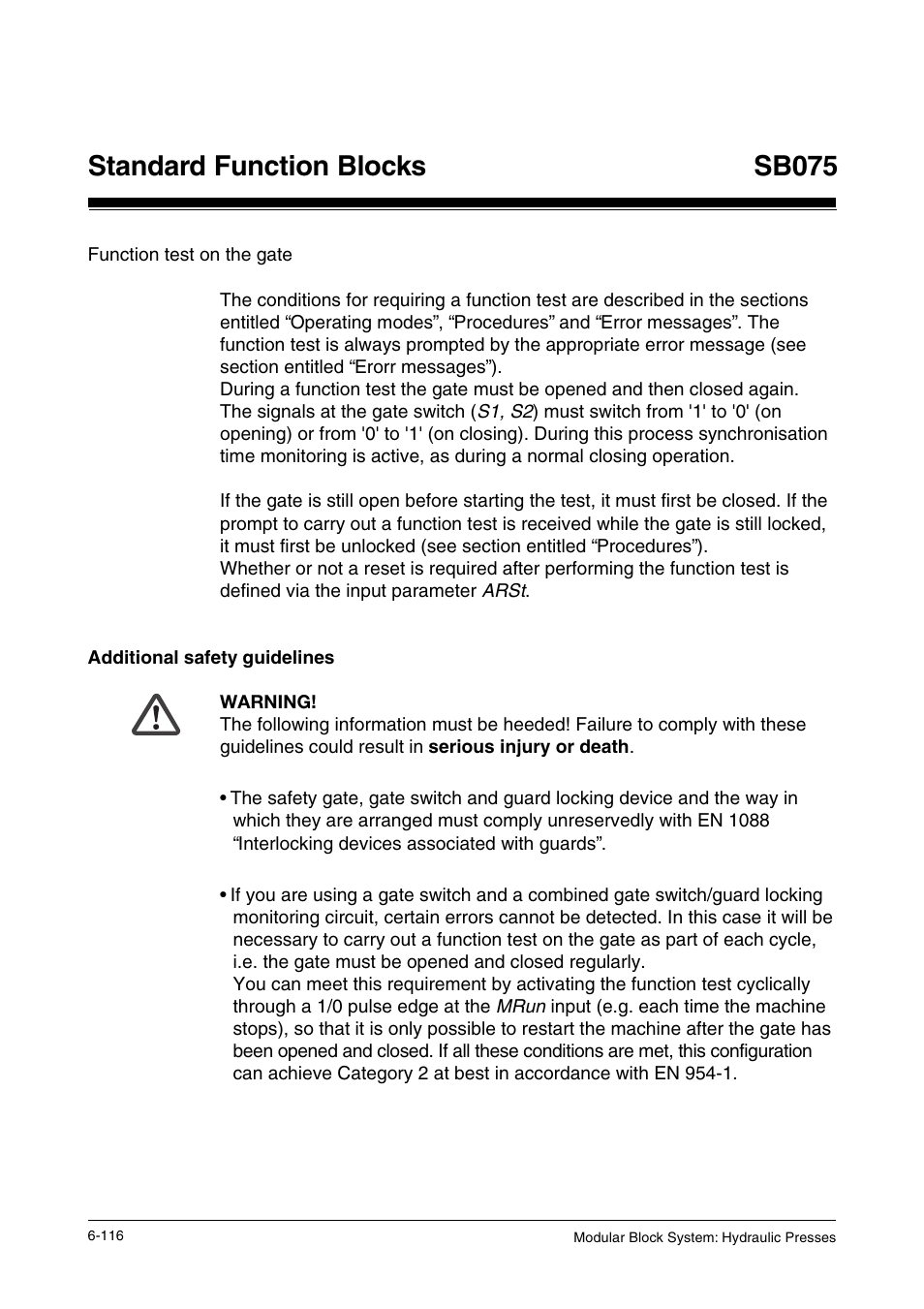 Function test on the safety gate, Additional safety guidelines, Standard function blocks | Sb075 | Pilz PSS SB HYD, Basic license User Manual | Page 178 / 308