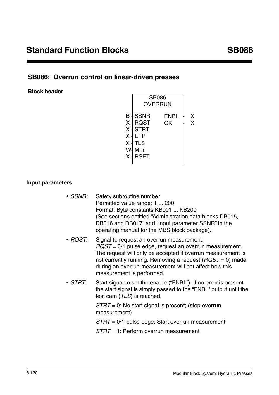 Sb086: overrun control on linear-driven presses, Block header, Input parameters | Standard function blocks, Sb086 | Pilz PSS SB HYD, Basic license User Manual | Page 182 / 308