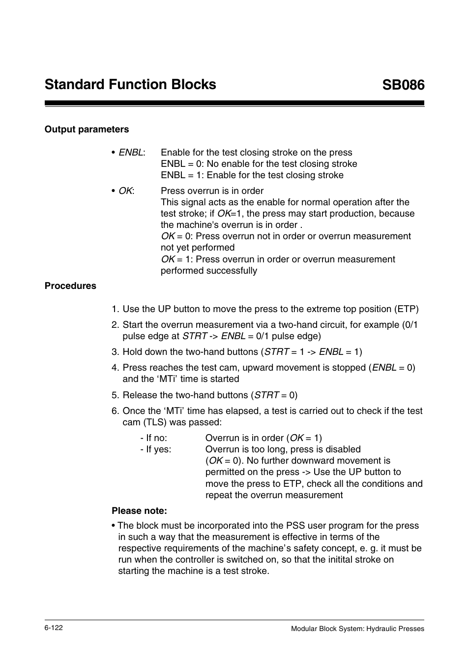 Output parameters, Procedures, Standard function blocks | Sb086 | Pilz PSS SB HYD, Basic license User Manual | Page 184 / 308