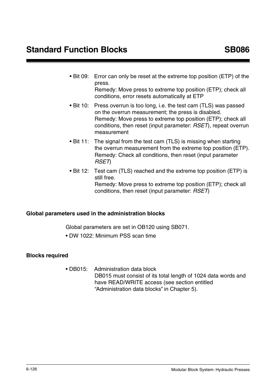 Blocks required, Standard function blocks, Sb086 | Pilz PSS SB HYD, Basic license User Manual | Page 188 / 308