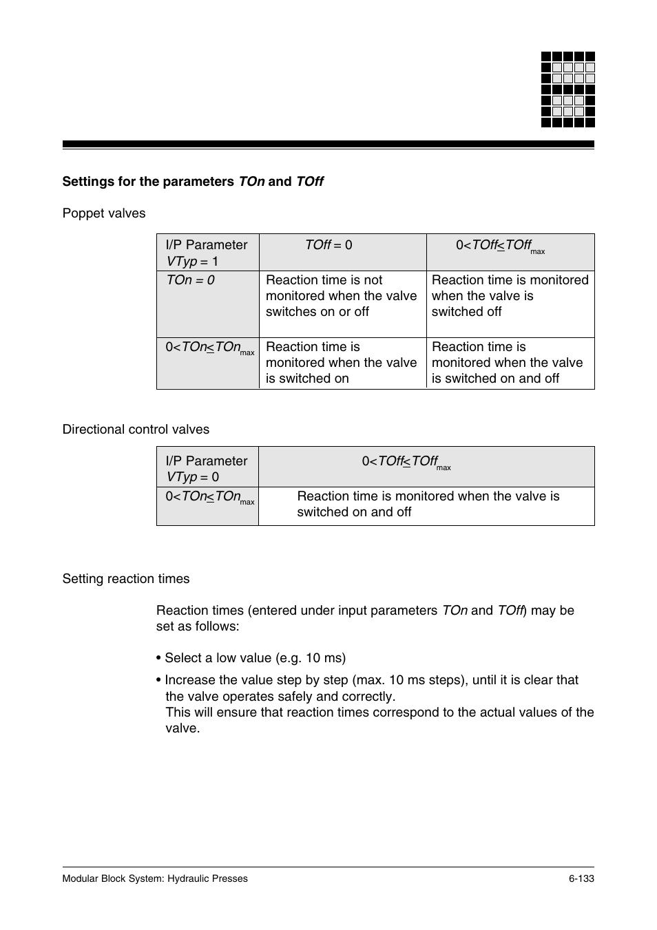 Settings for the parameters ton and toff, Poppet valves, Directional control valves | Setting reaction times | Pilz PSS SB HYD, Basic license User Manual | Page 195 / 308