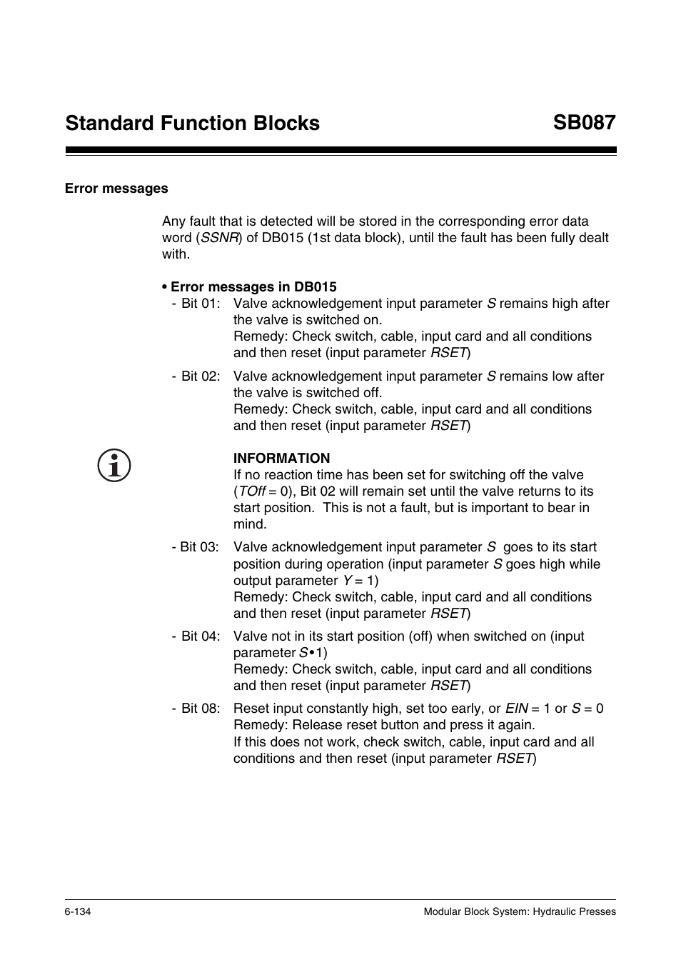 Error messages, Standard function blocks, Sb087 | Pilz PSS SB HYD, Basic license User Manual | Page 196 / 308