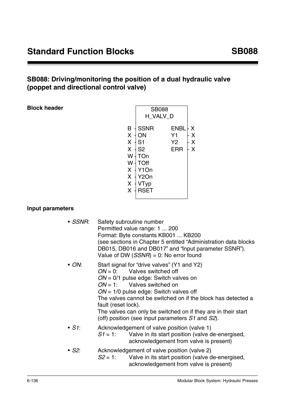 Block header, Input parameters, Standard function blocks | Sb088 | Pilz PSS SB HYD, Basic license User Manual | Page 198 / 308