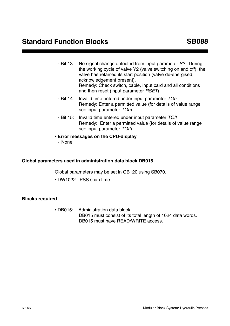 Blocks required, Standard function blocks, Sb088 | Pilz PSS SB HYD, Basic license User Manual | Page 208 / 308