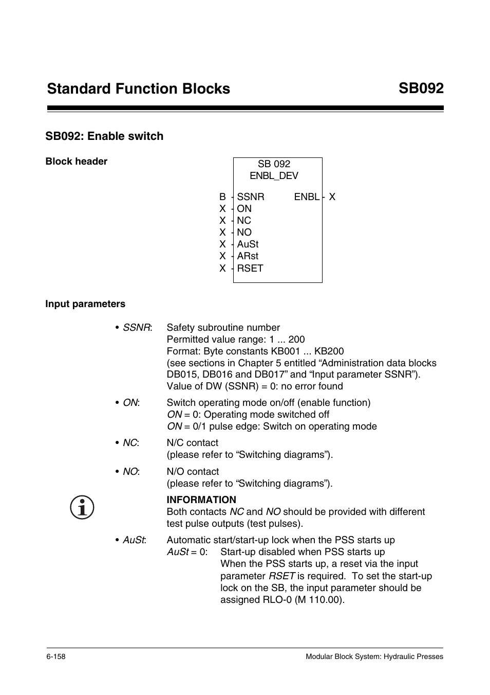 Sb092: enable switch, Block header, Input parameters | Standard function blocks sb092 | Pilz PSS SB HYD, Basic license User Manual | Page 220 / 308