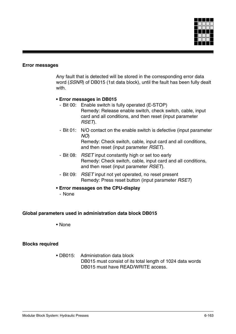 Error messages, Blocks required | Pilz PSS SB HYD, Basic license User Manual | Page 225 / 308