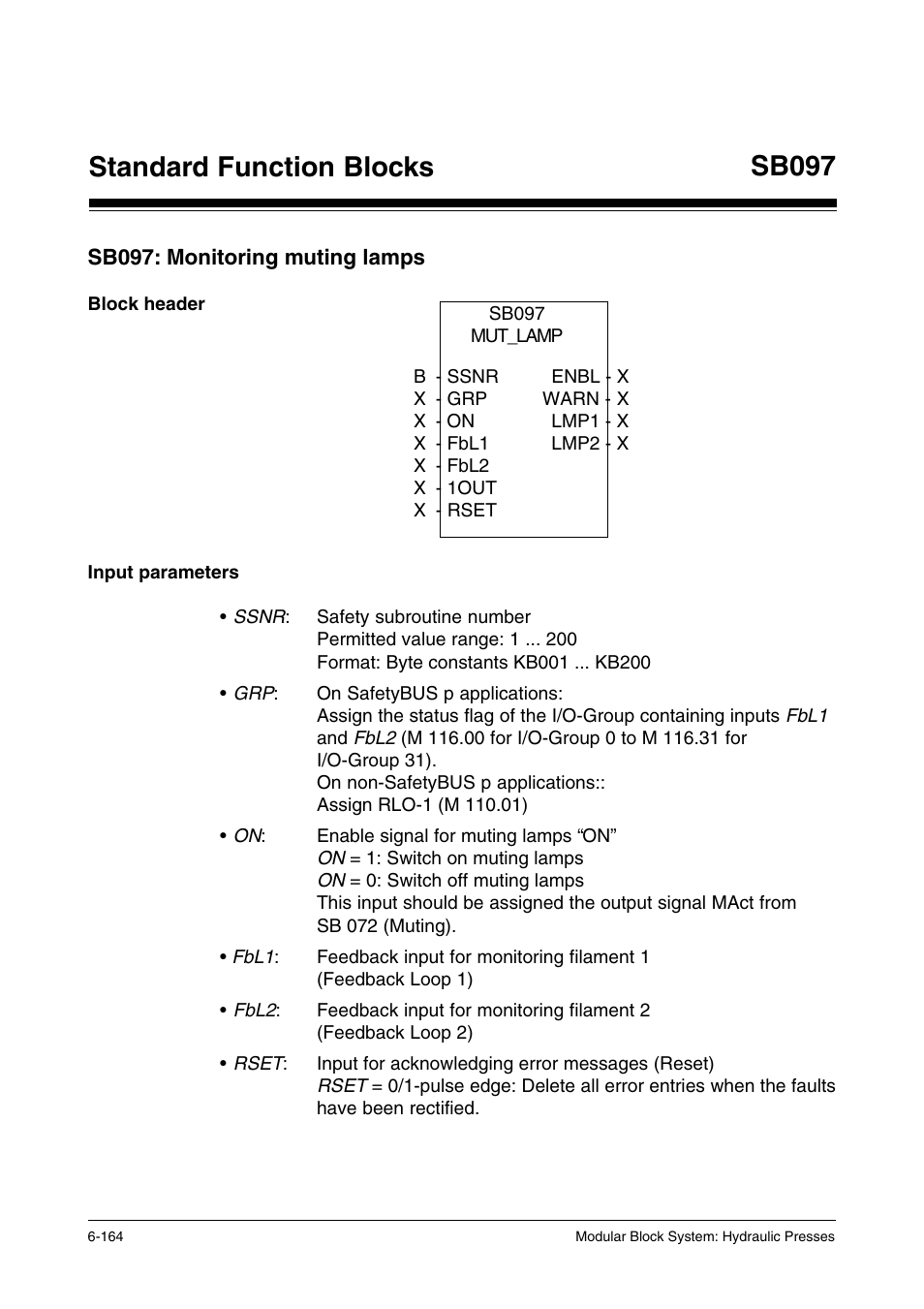 Sb097: monitoring muting lamps, Block header, Input parameters | Standard function blocks sb097 | Pilz PSS SB HYD, Basic license User Manual | Page 226 / 308