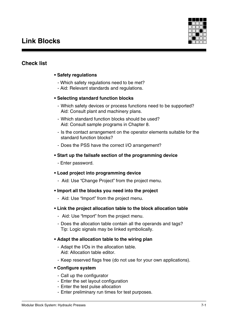Link blocks, Check list | Pilz PSS SB HYD, Basic license User Manual | Page 233 / 308