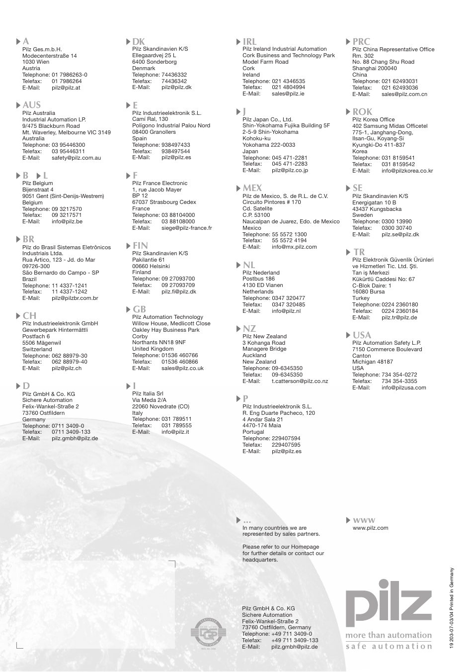 Contact addresses | Pilz PSS SB HYD, Basic license User Manual | Page 308 / 308