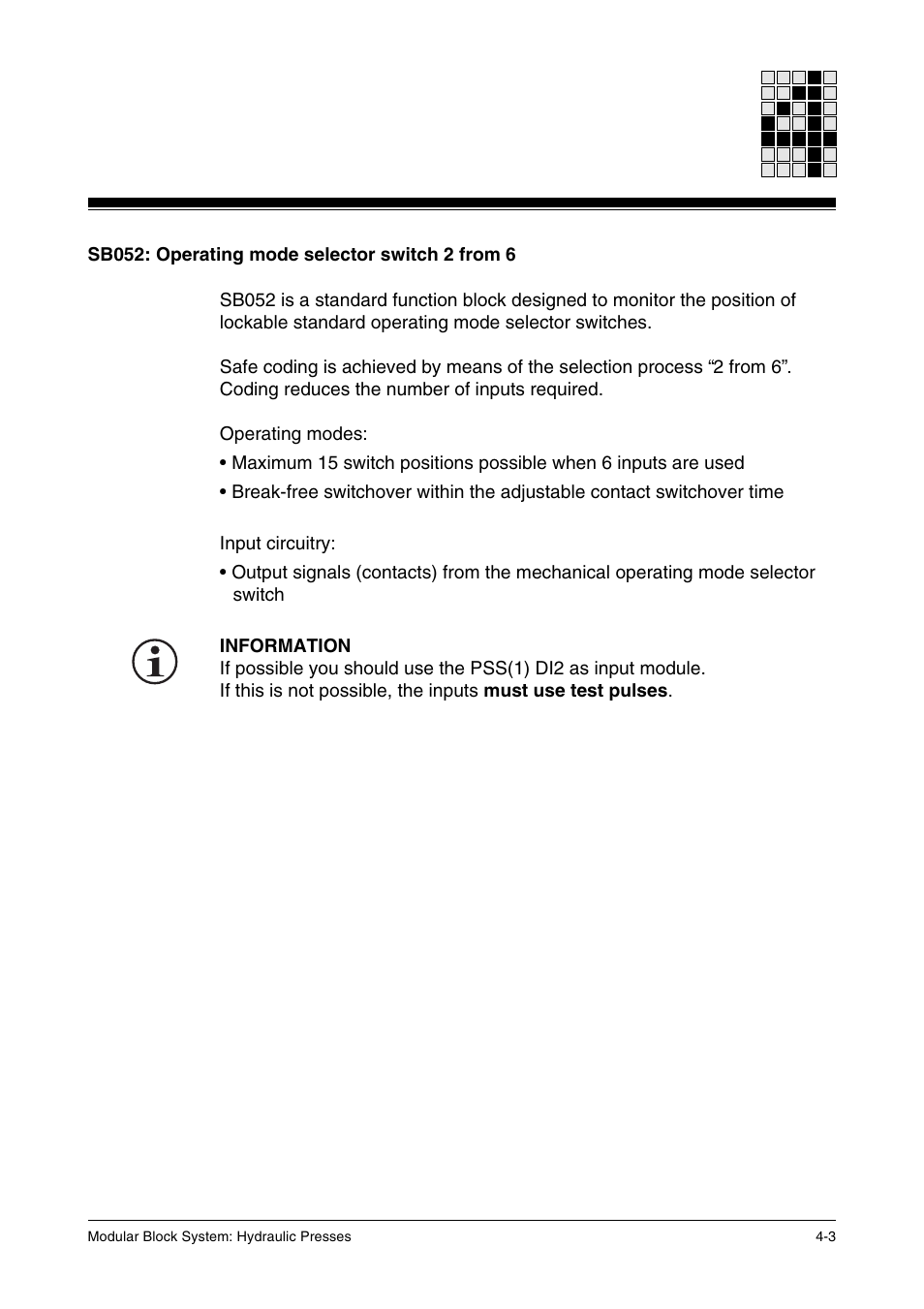 Sb052: operating mode selector switch 2 from 6 | Pilz PSS SB HYD, Basic license User Manual | Page 33 / 308