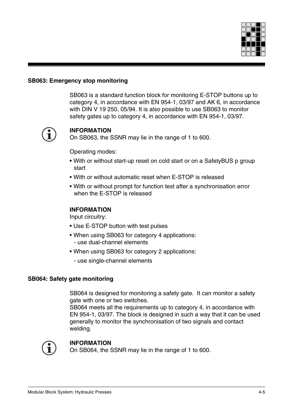 Sb063: emergency stop monitoring, Sb064: safety gate monitoring | Pilz PSS SB HYD, Basic license User Manual | Page 35 / 308