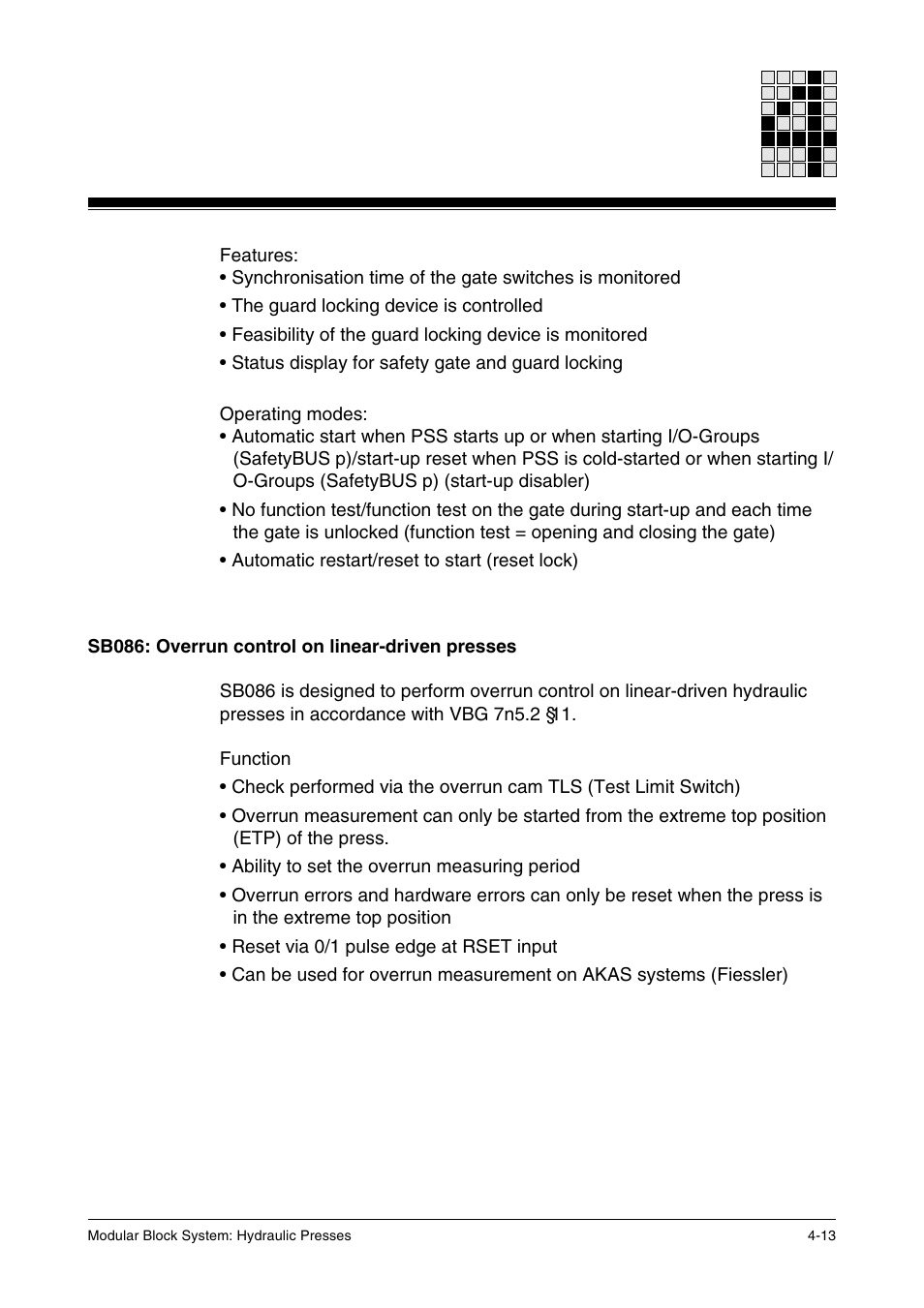Sb086: overrun control on linear-driven presses | Pilz PSS SB HYD, Basic license User Manual | Page 43 / 308