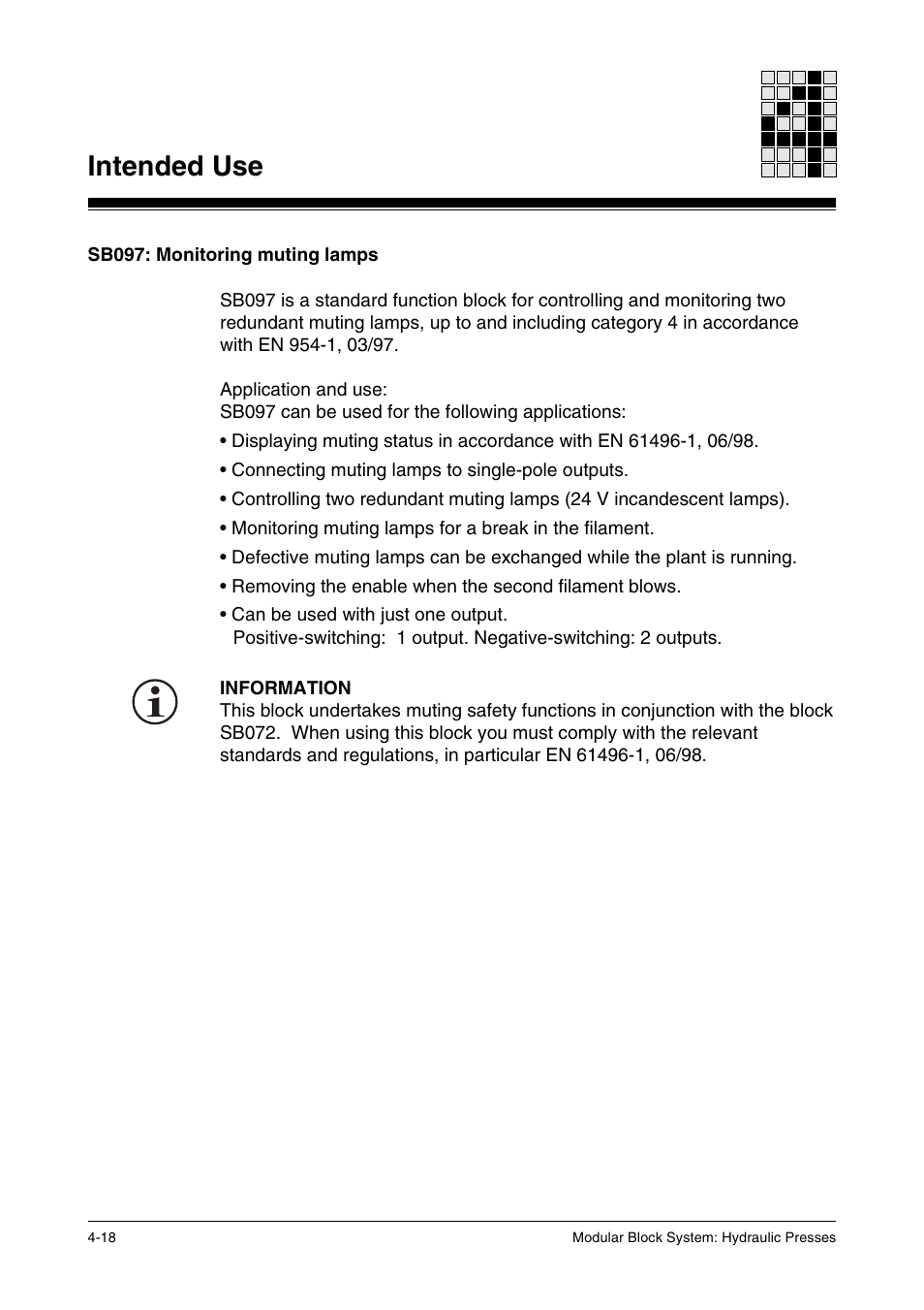 Sb097: monitoring muting lamps, Intended use | Pilz PSS SB HYD, Basic license User Manual | Page 48 / 308