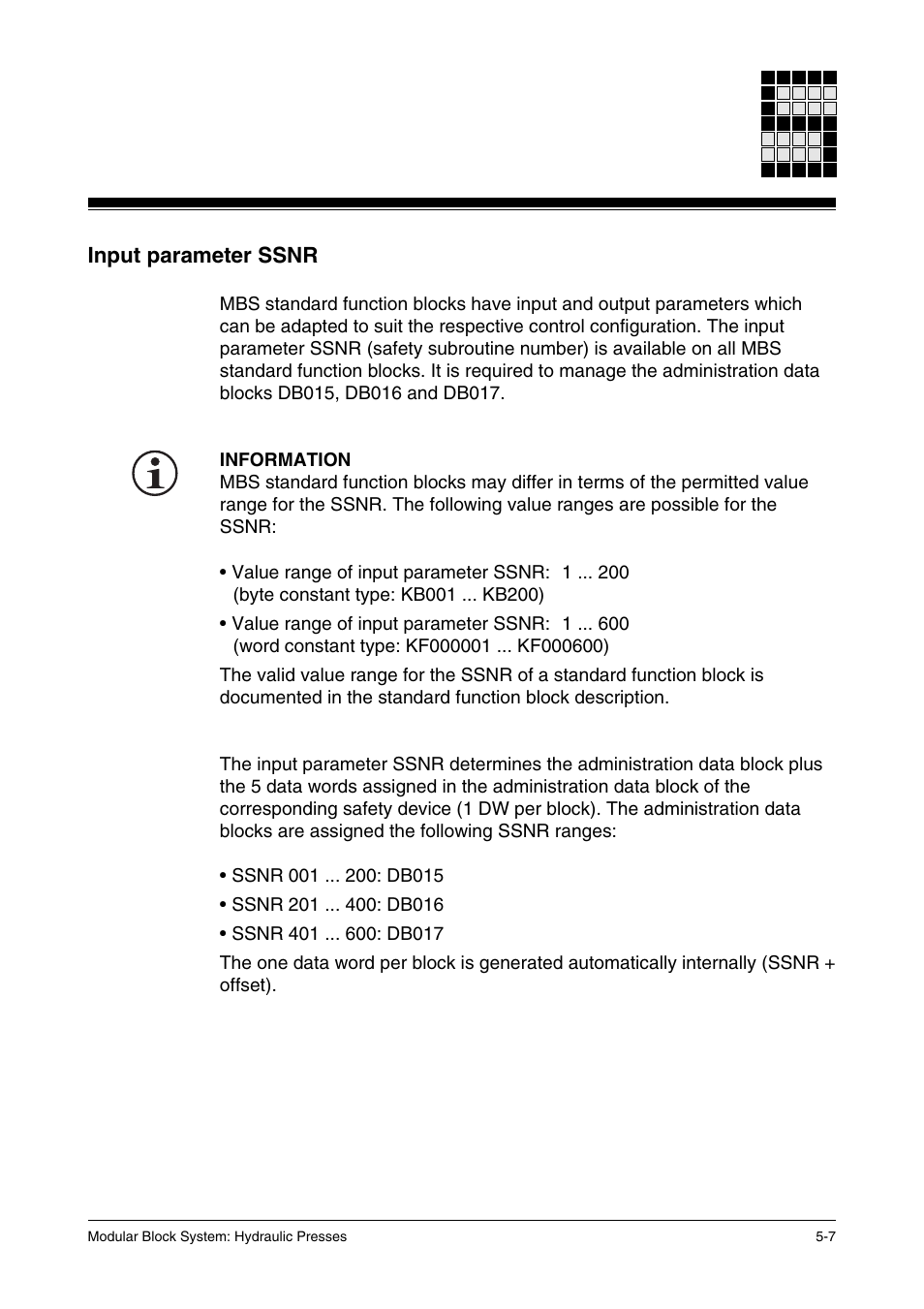Input parameter ssnr | Pilz PSS SB HYD, Basic license User Manual | Page 55 / 308