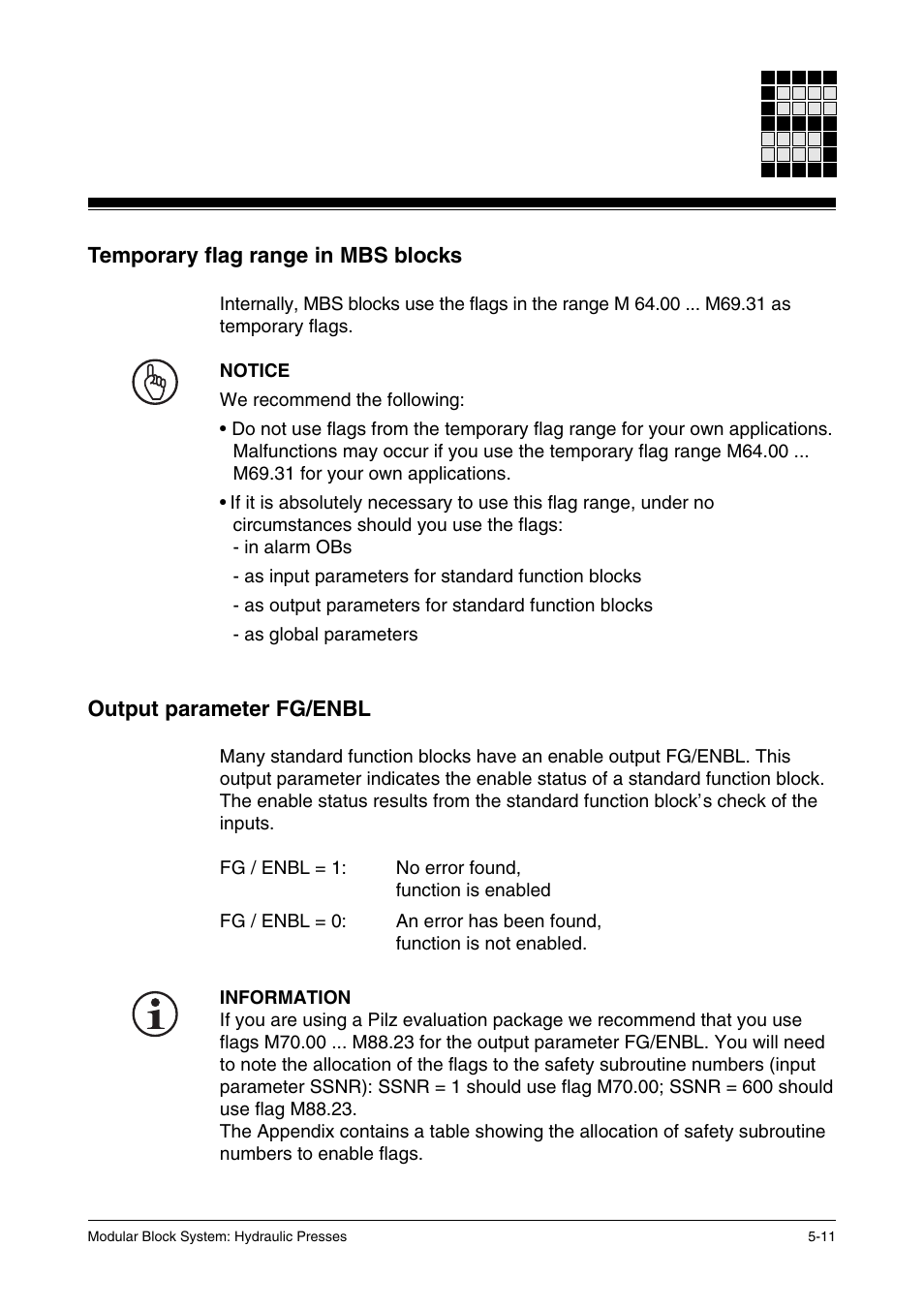 Temporary flag range in mbs blocks, Output parameter fg/enbl | Pilz PSS SB HYD, Basic license User Manual | Page 59 / 308