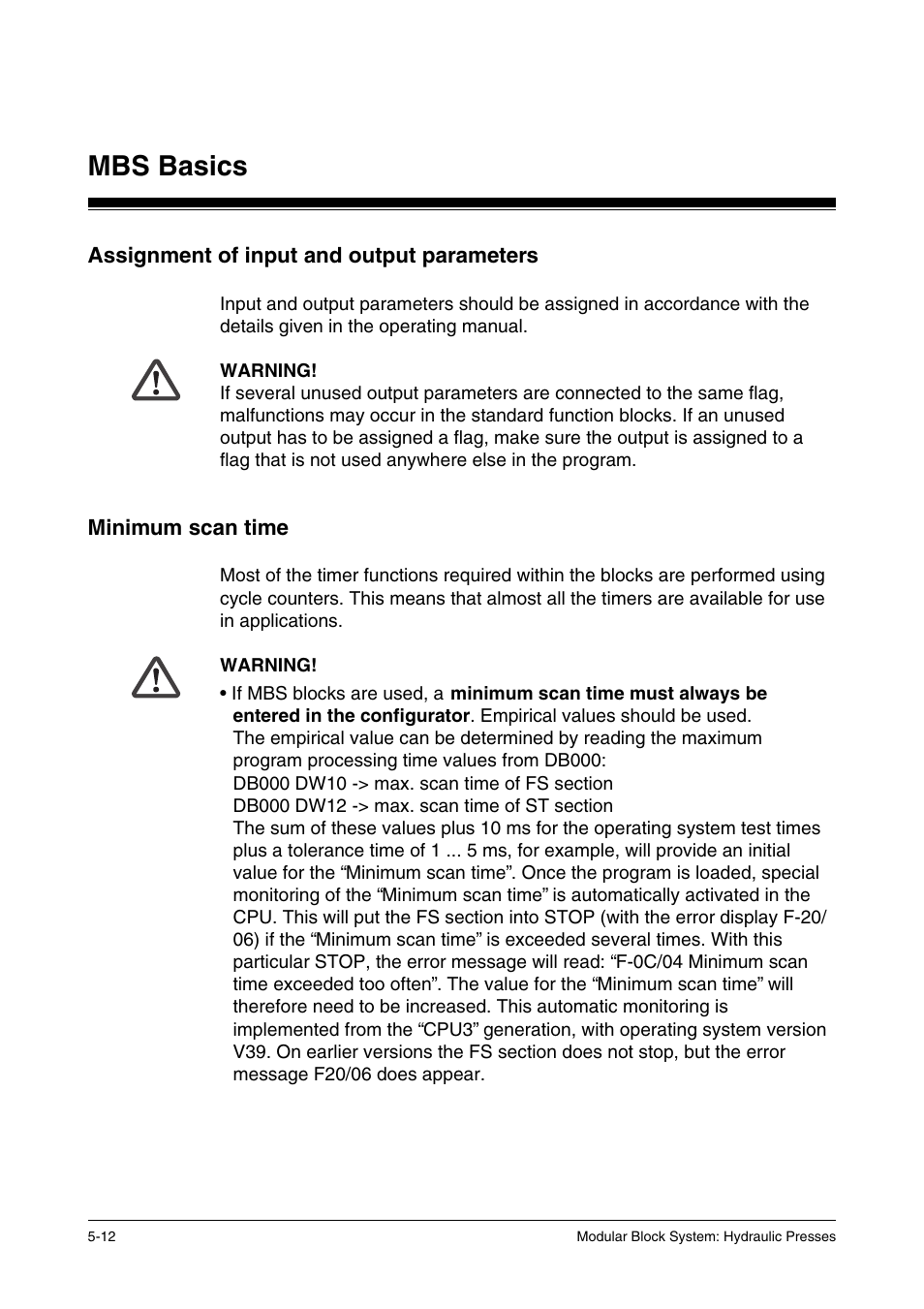 Assignment of input and output parameters, Minimum scan time, Mbs basics | Pilz PSS SB HYD, Basic license User Manual | Page 60 / 308