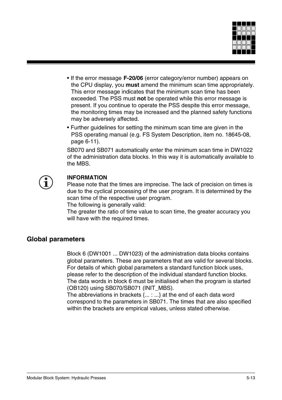 Global parameters | Pilz PSS SB HYD, Basic license User Manual | Page 61 / 308