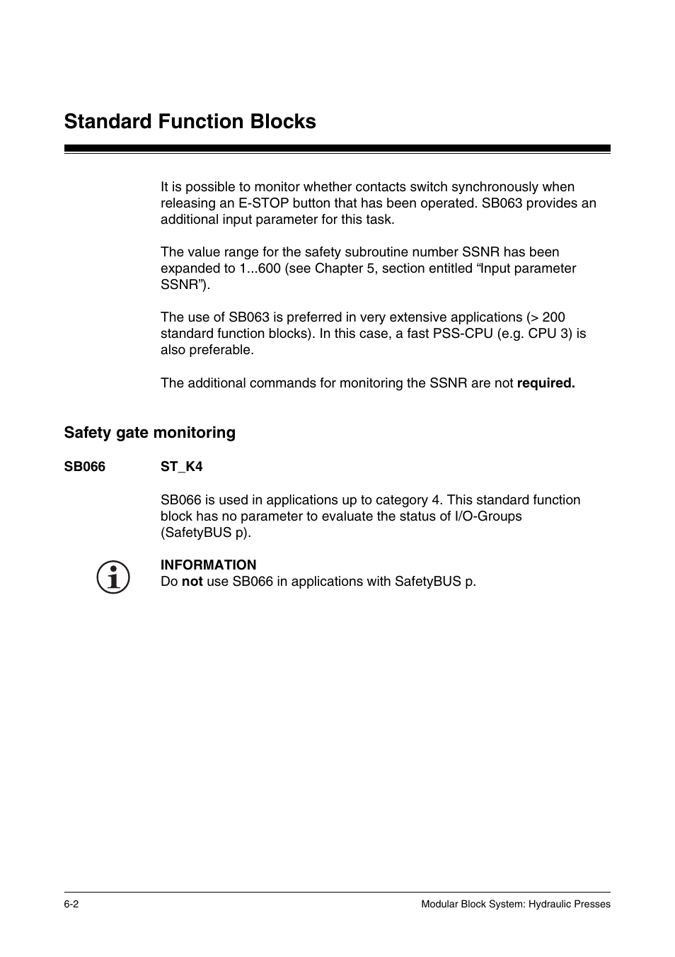 Safety gate monitoring, Sb066 st-k4, Standard function blocks | Pilz PSS SB HYD, Basic license User Manual | Page 64 / 308