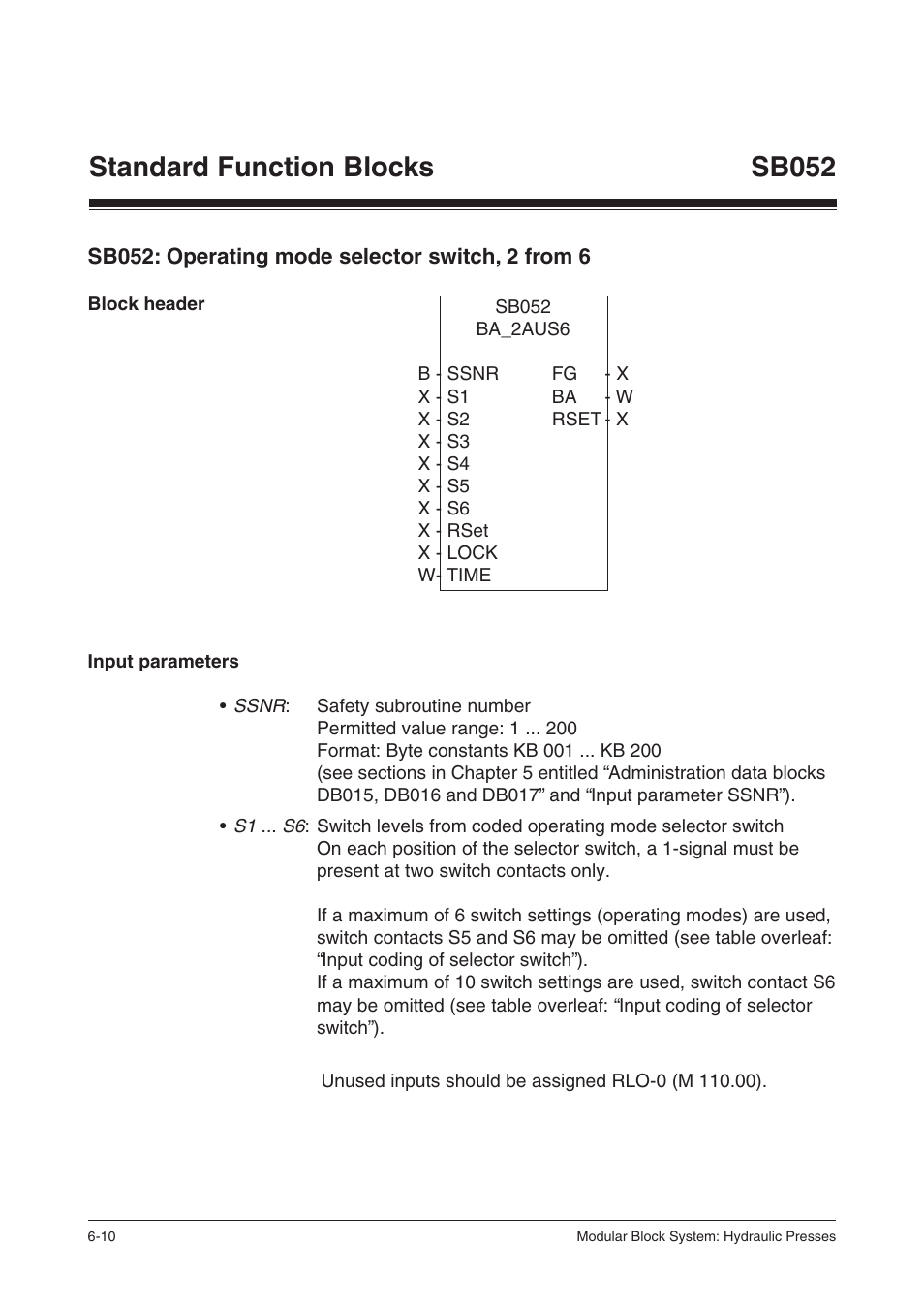 Sb052: operating mode selector switch, 2 from 6, Block header, Input parameters | Standard function blocks, Sb052 | Pilz PSS SB HYD, Basic license User Manual | Page 72 / 308