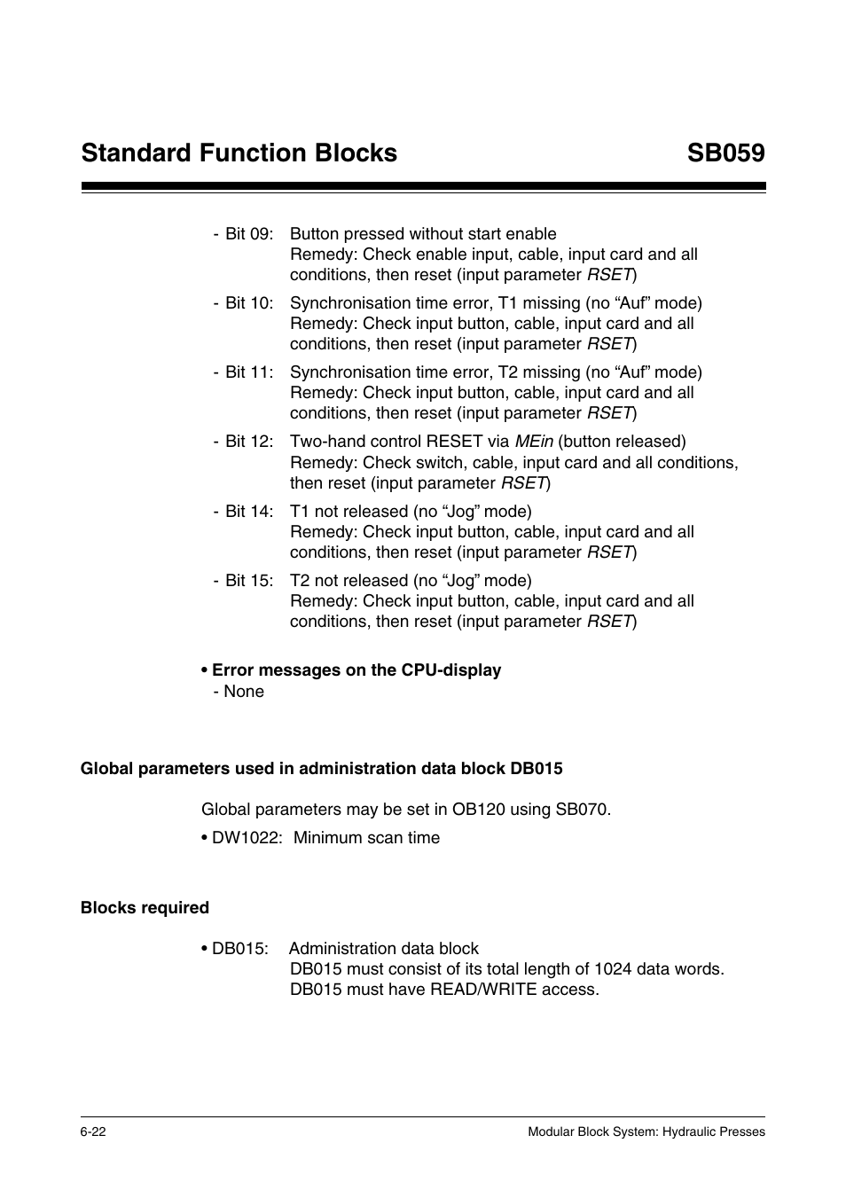 Blocks required, Standard function blocks, Sb059 | Pilz PSS SB HYD, Basic license User Manual | Page 84 / 308