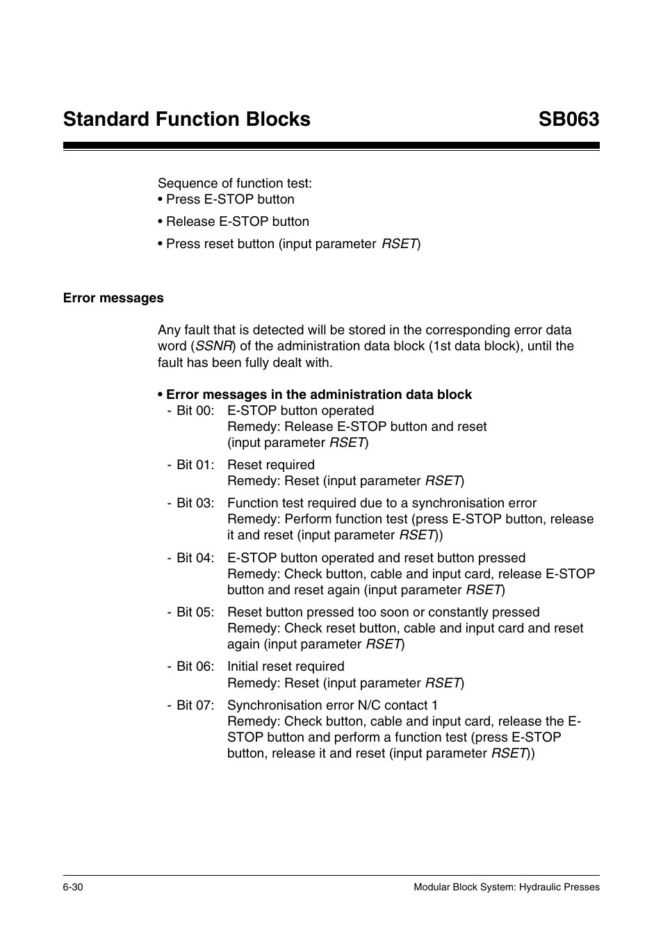 Error messages, Standard function blocks, Sb063 | Pilz PSS SB HYD, Basic license User Manual | Page 92 / 308