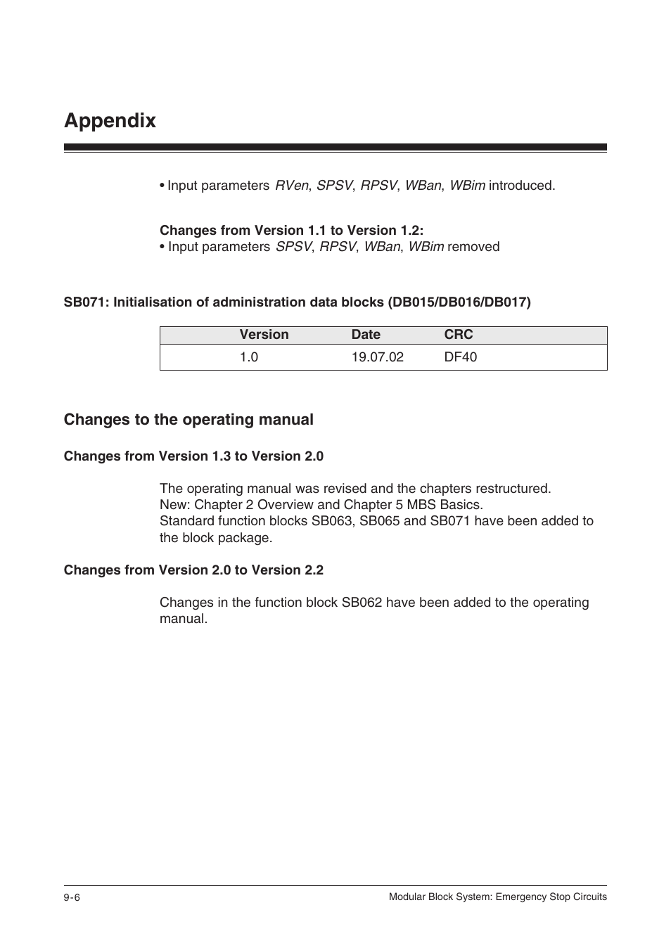 Changes to the operating manual, Changes from version 1.3 to version 2.0, Changes from version 2.0 to version 2.2 | Appendix | Pilz PSS SB NOT, Basic license User Manual | Page 110 / 112