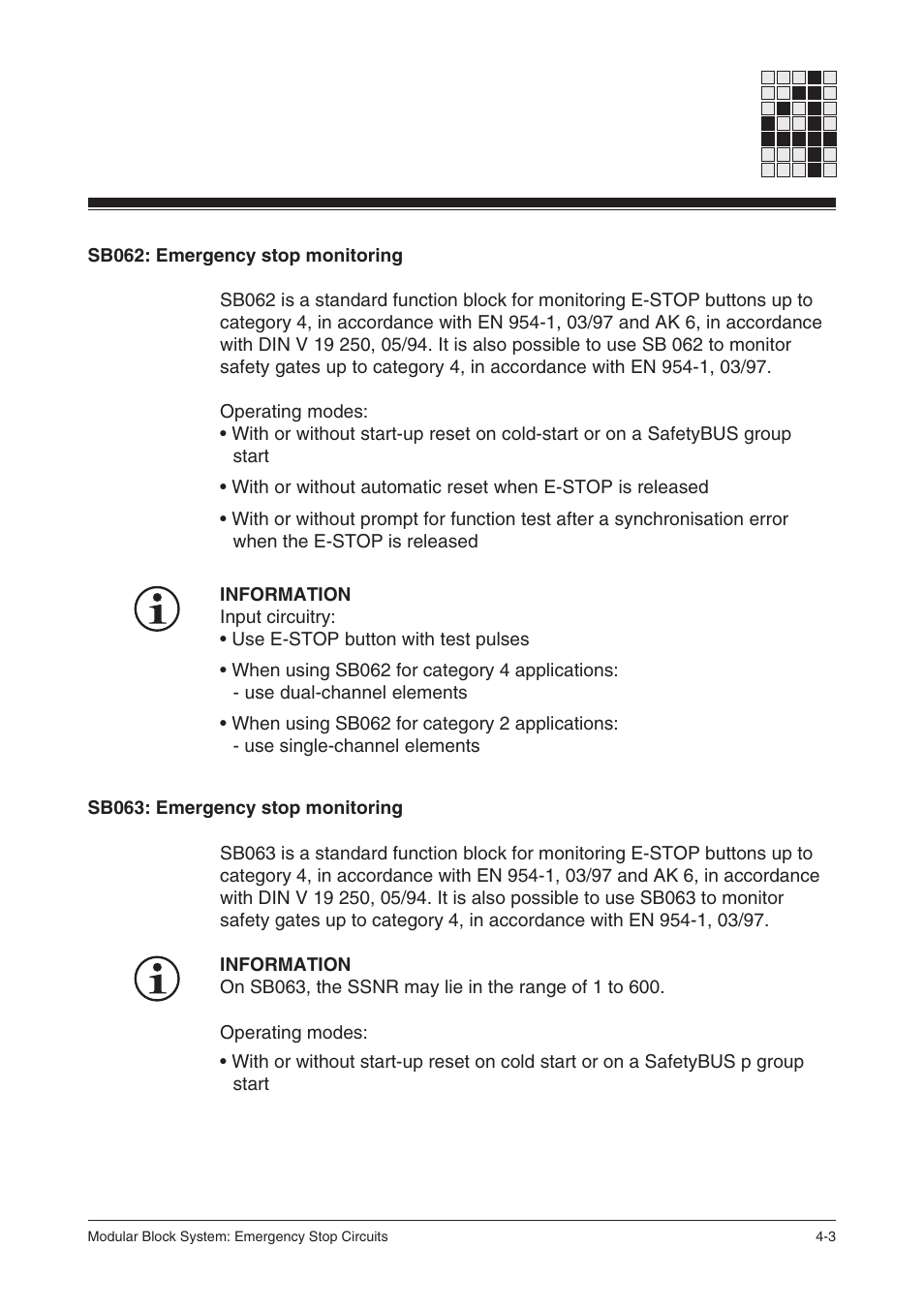 Sb062: emergency stop monitoring, Sb063: emergency stop monitoring | Pilz PSS SB NOT, Basic license User Manual | Page 25 / 112