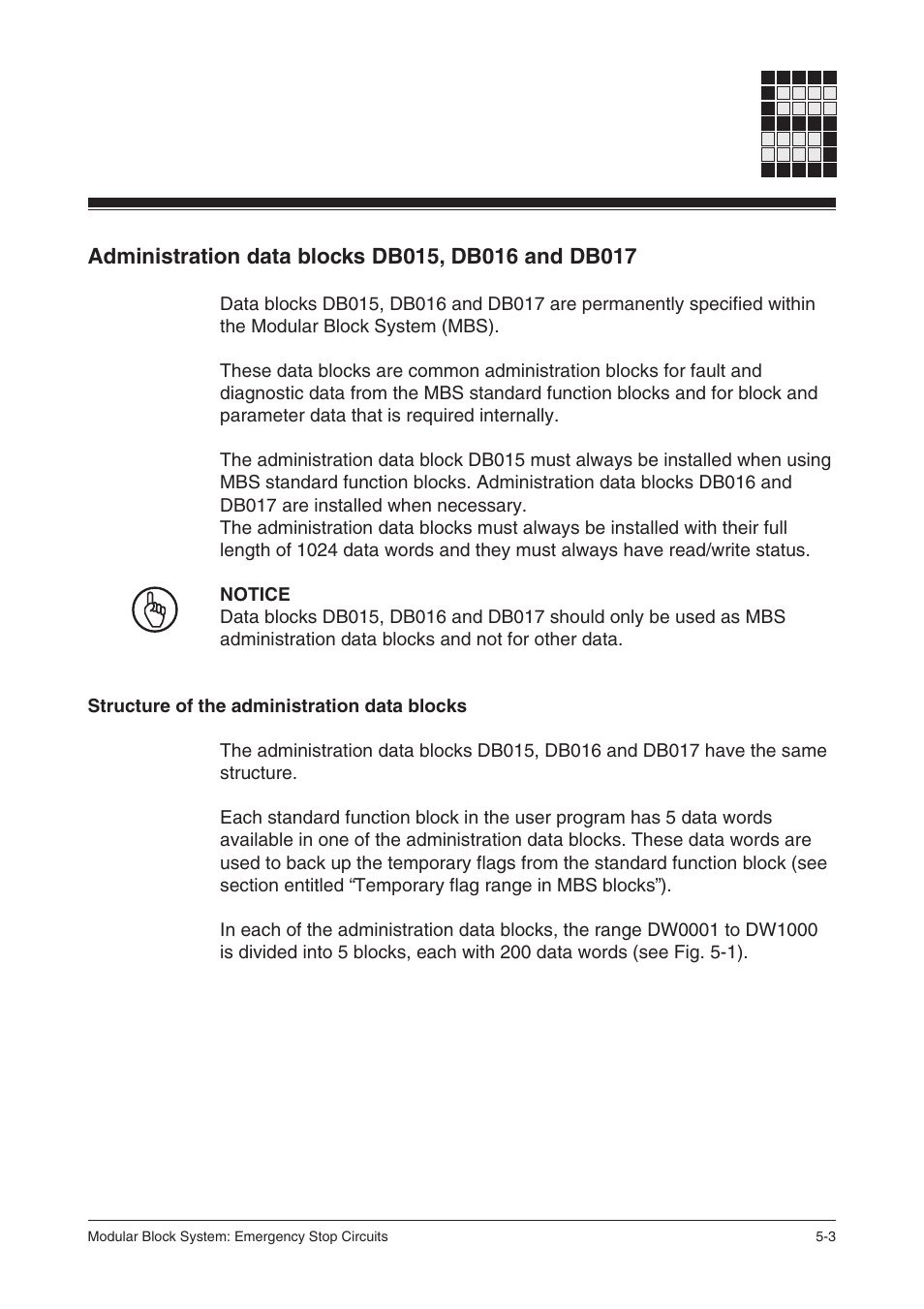 Administration data blocks db015, db016 and db017, Structure of the administration data blocks | Pilz PSS SB NOT, Basic license User Manual | Page 31 / 112