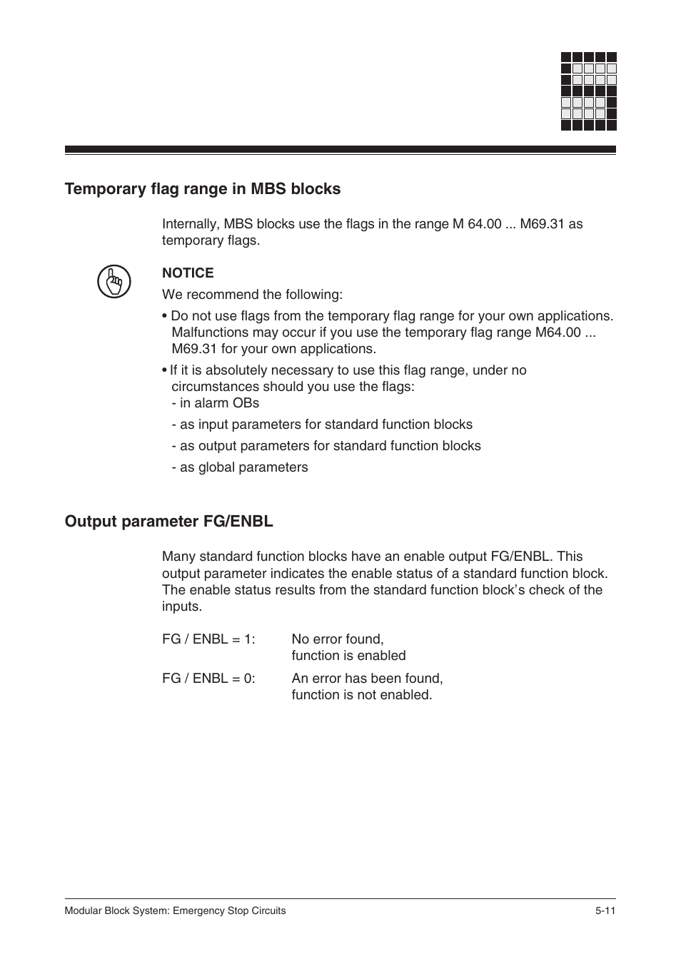 Temporary flag range in mbs blocks, Output parameter fg/enbl | Pilz PSS SB NOT, Basic license User Manual | Page 39 / 112